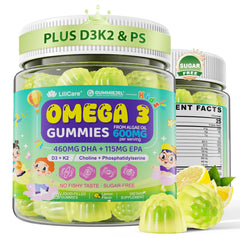 LILICARE Kids Omega-3 gummies lemon bottle highlights algae DHA/EPA for brain and bone support