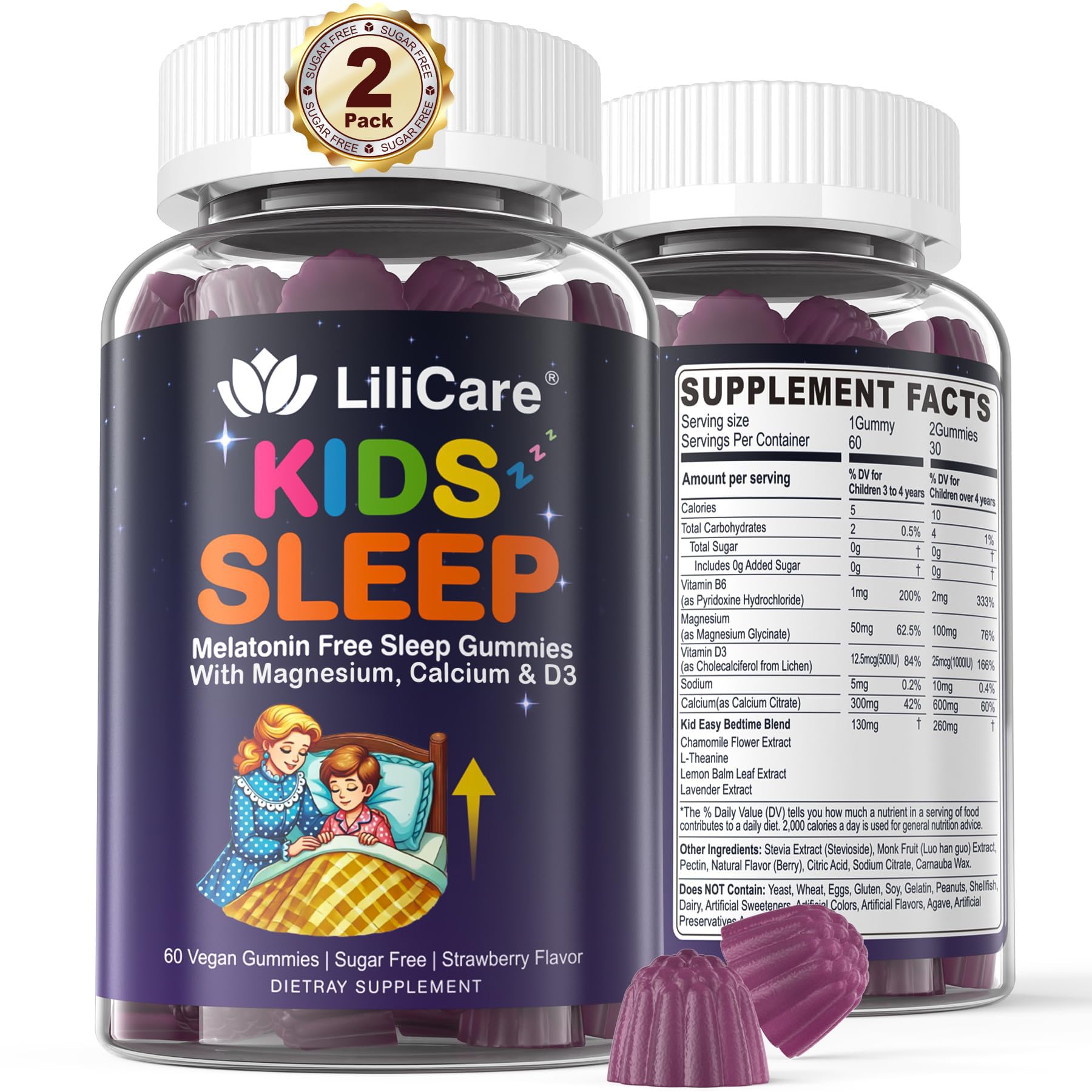 LILICARE Kids Sleep Gummies bottle and label show melatonin-free formula for restful nights.