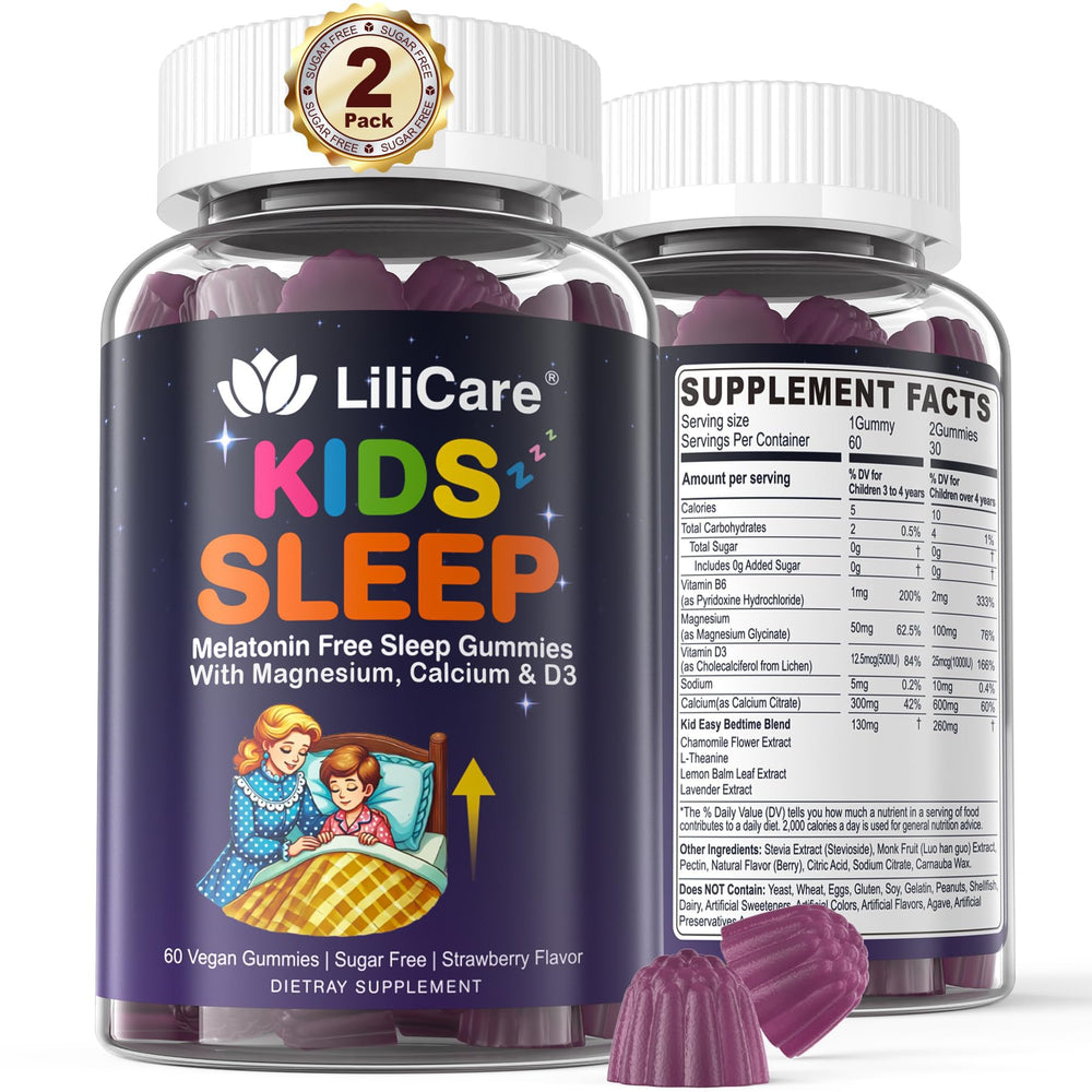 LILICARE Kids Sleep Gummies bottle and label show melatonin-free formula for restful nights.