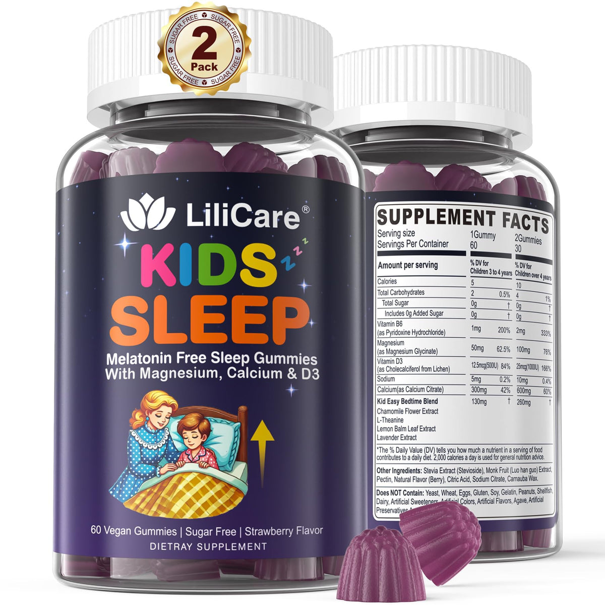 LILICARE Kids Sleep Gummies bottle and label show melatonin-free formula for restful nights.
