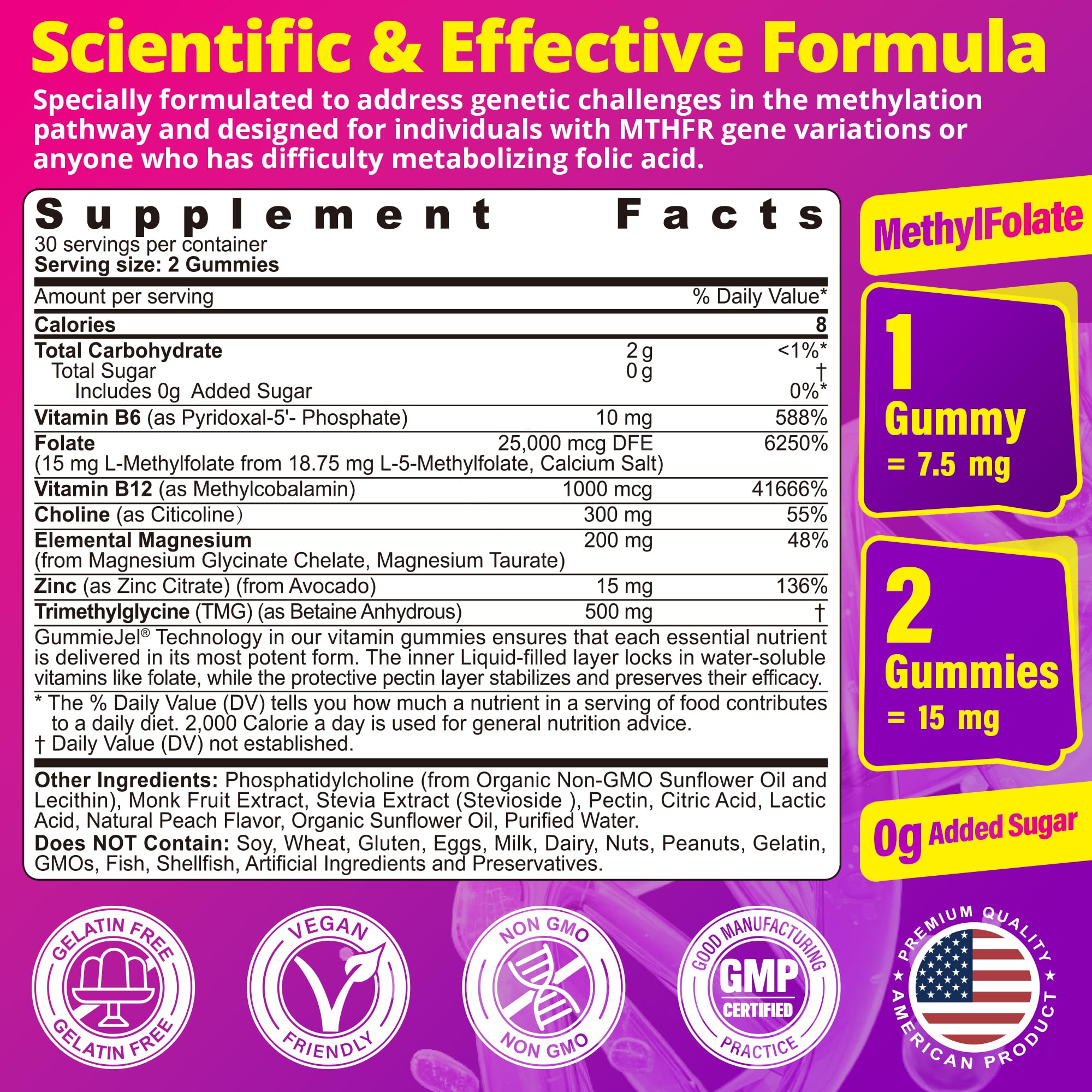 LILICARE gummies label closeup highlights 5-MTHF and B vitamins for energy support.