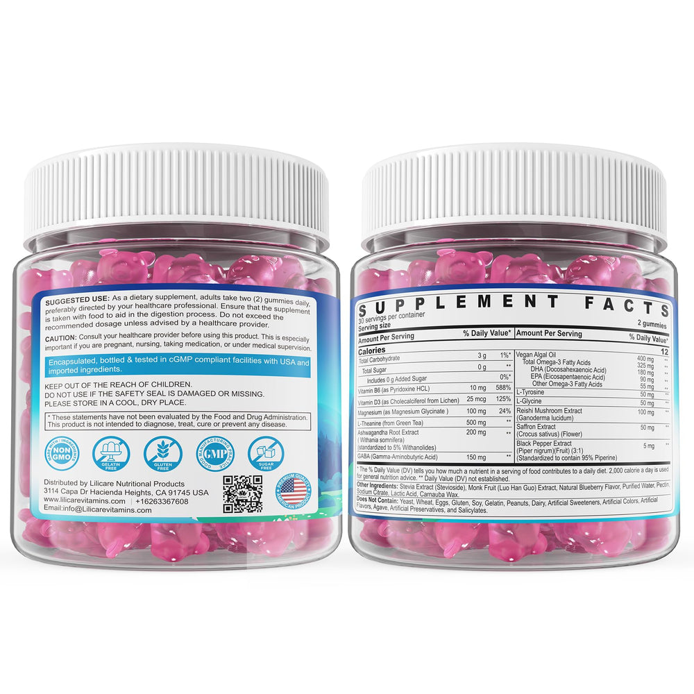 Berry-flavored vegan gummies with omega-3 and vitamin D3 for brain mood support.
