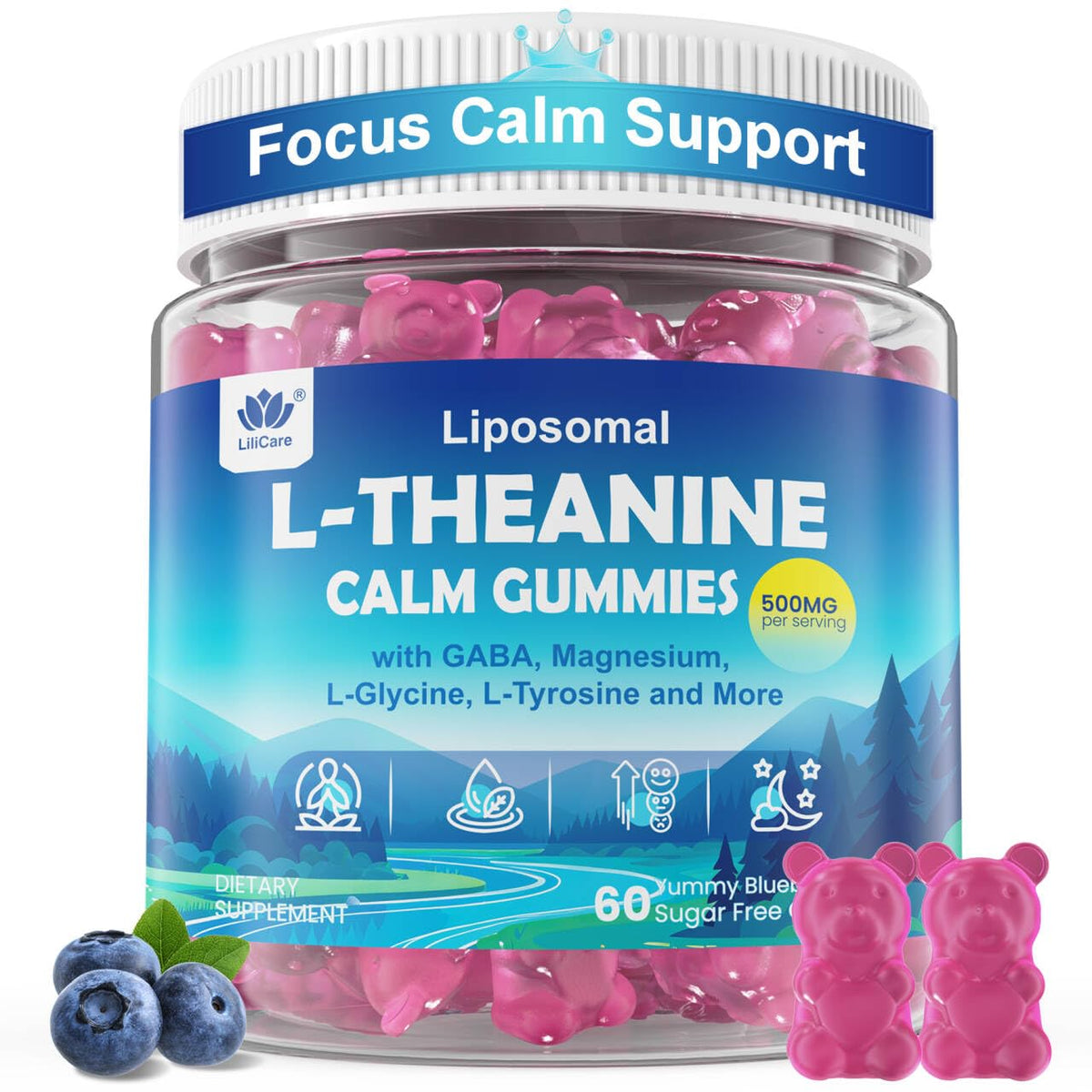 LILICARE L Theanine Calm Gummies bottle on a desk, promoting daily calm and focus.