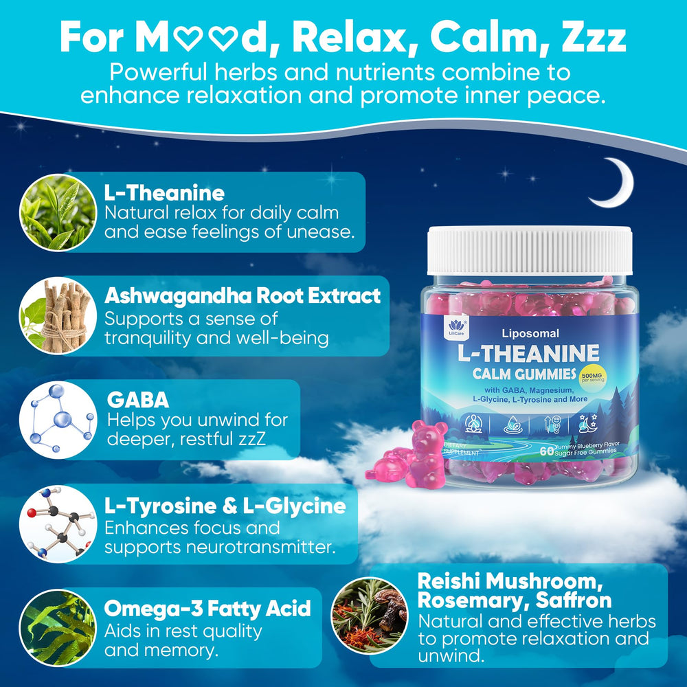 Ingredient panel highlighting saffron, magnesium glycinate, and GABA for mood support potential.