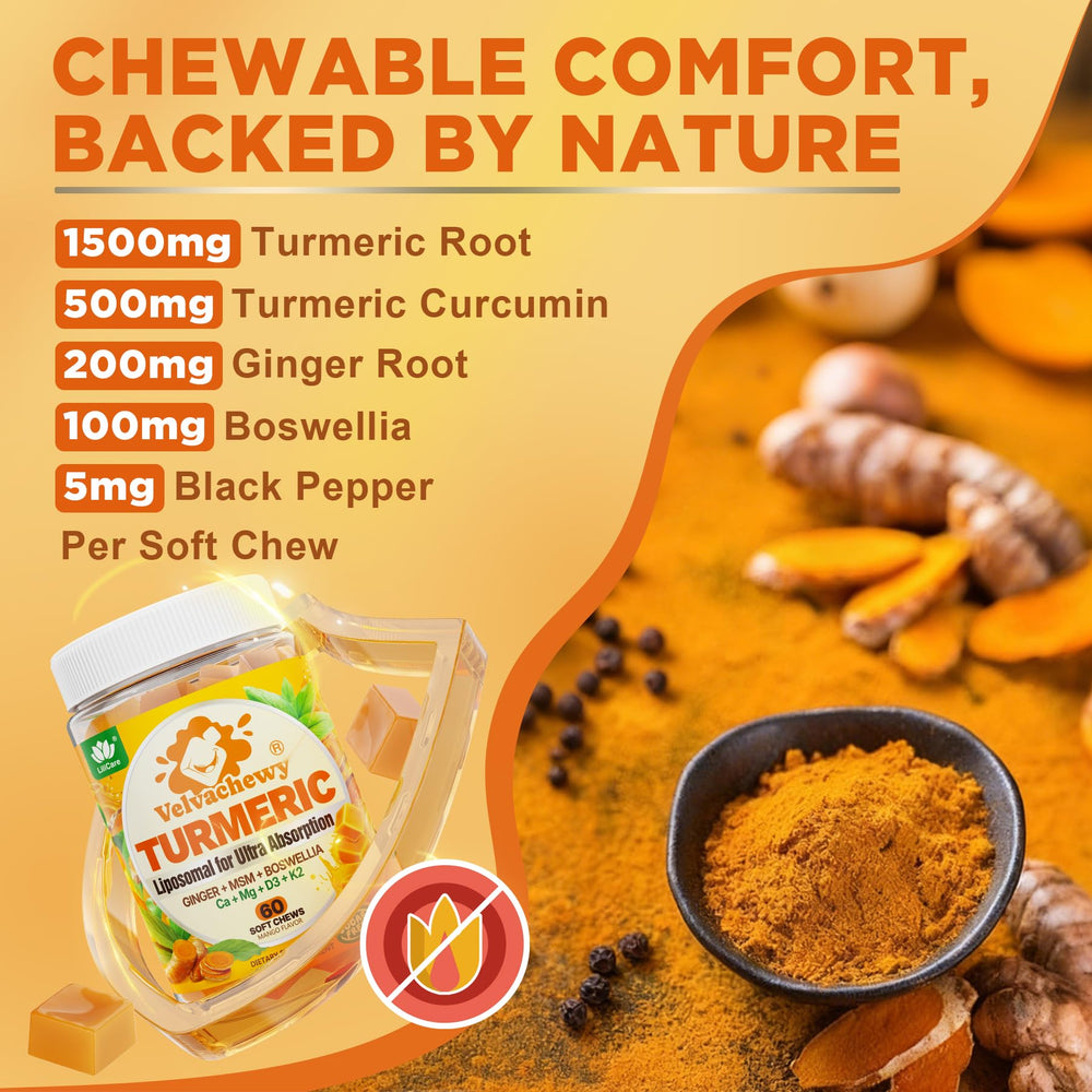 LILICARE Liposomal Turmeric Chews ingredients label highlights calcium, D3, K2, and magnesium.