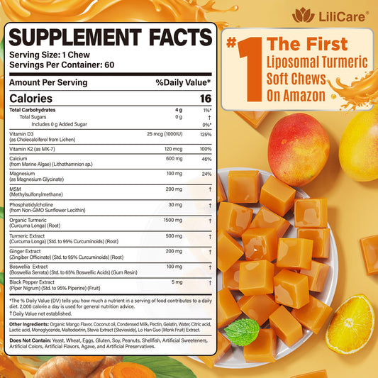 LILICARE Liposomal Turmeric Chews mango texture closeup highlights a tasty, sugar-free bite.
