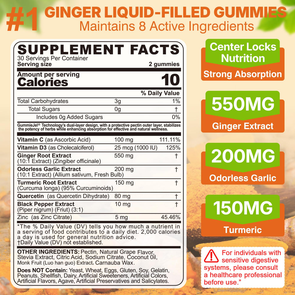 Liquid-filled ginger gummies designed for enhanced absorption and easier consumption.