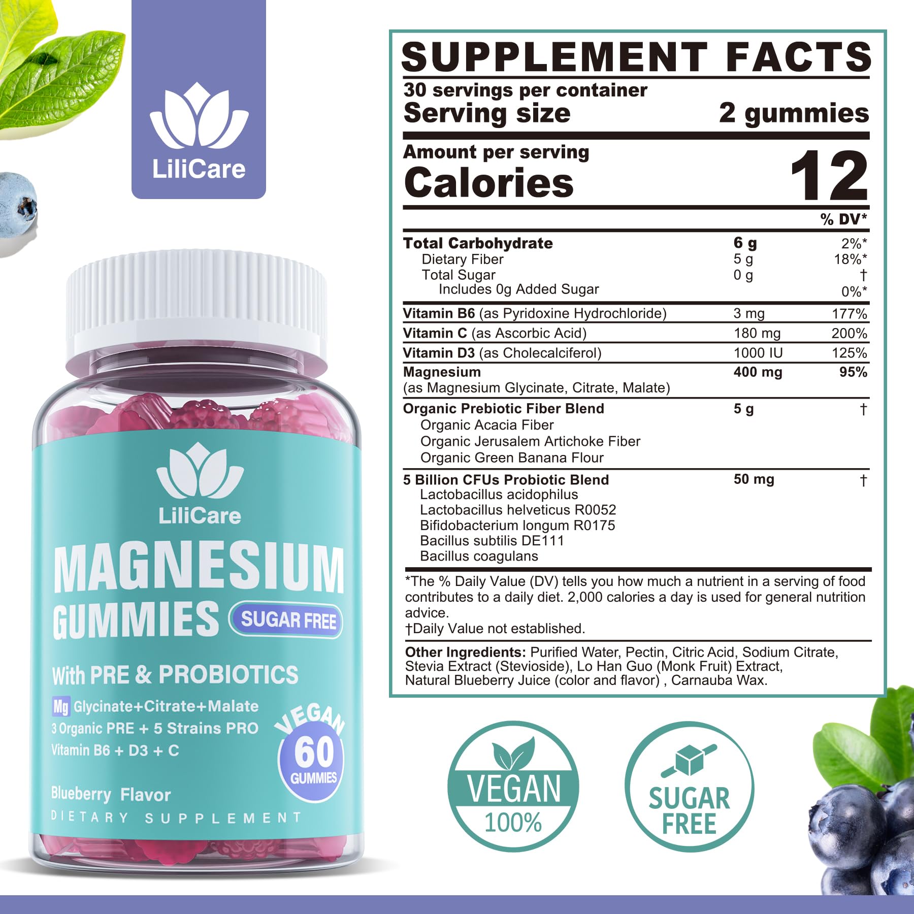Close-up of LILICARE gummies showing blueberry flavor and soft texture
