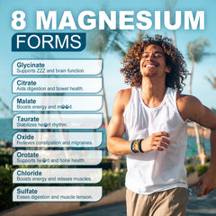 LILICARE label highlights 8 magnesium forms and added vitamins for daily wellness.