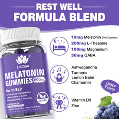 LILICARE Melatonin gummies ingredients panel features plant-based formula.