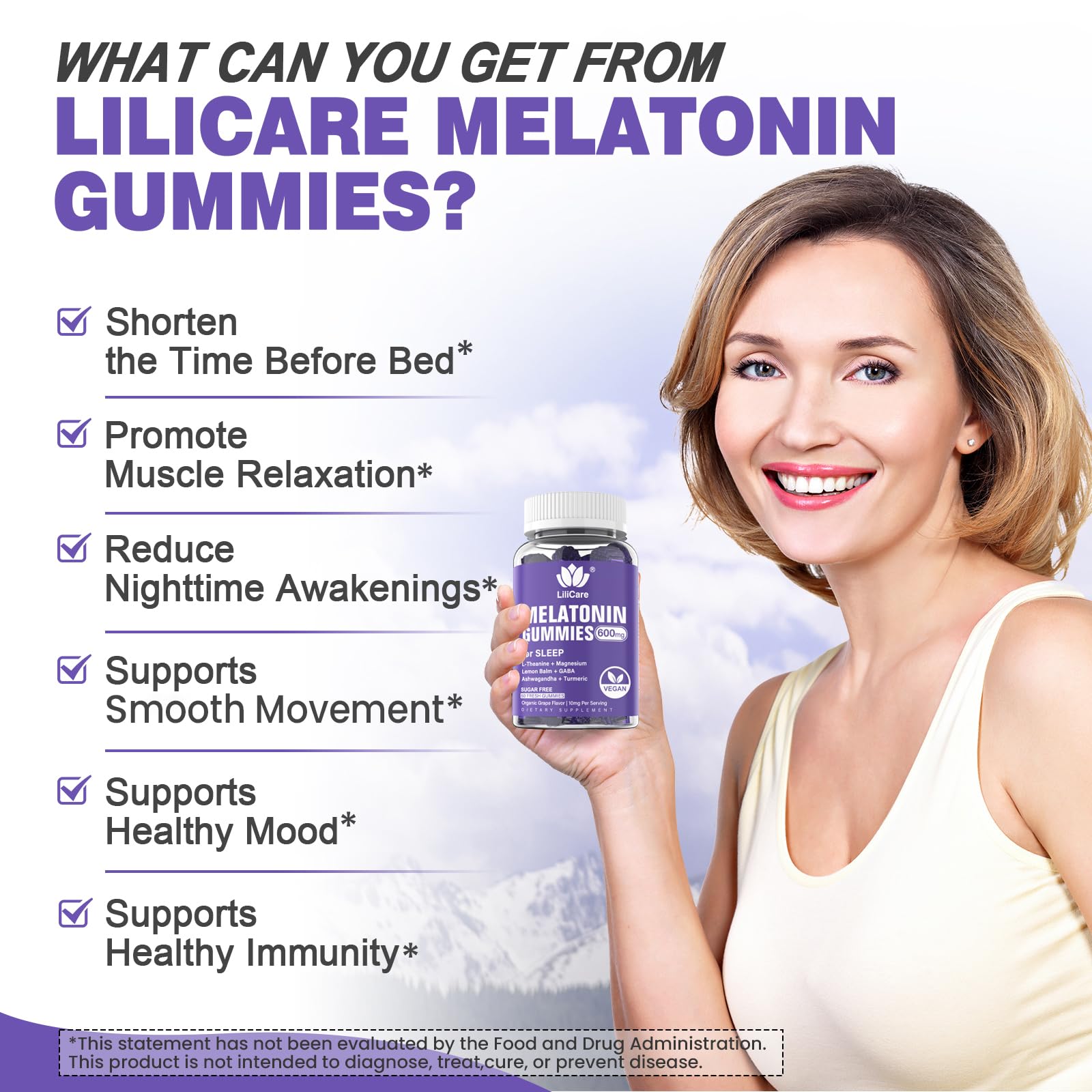 LILICARE melatonin gummies beside a nightstand and dim light.