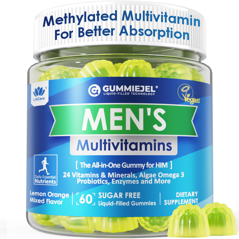LILICARE men's multivitamin gummies bottle highlighting sugar-free vegan formula for daily use