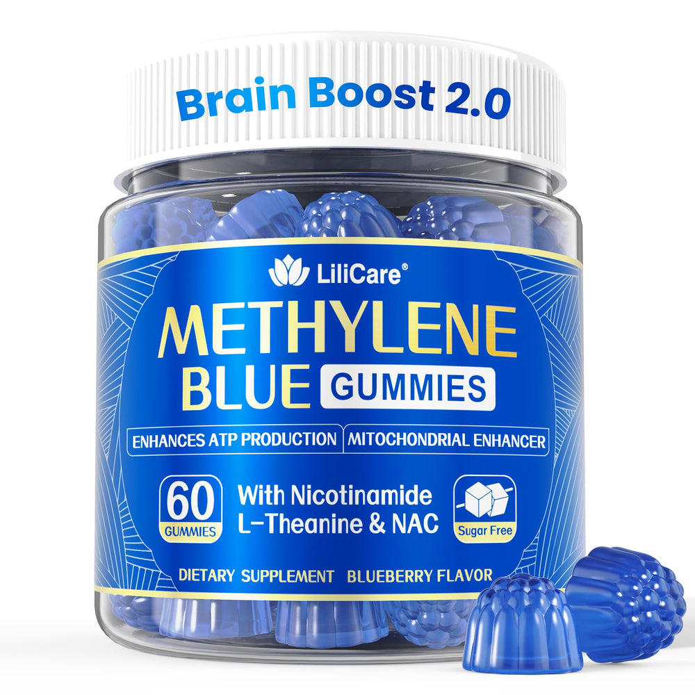 LILICARE Methylene Blue Gummies bottle on desk promoting focused energy