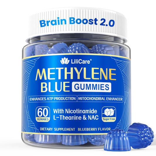 LILICARE Methylene Blue Gummies bottle on desk promoting focused energy