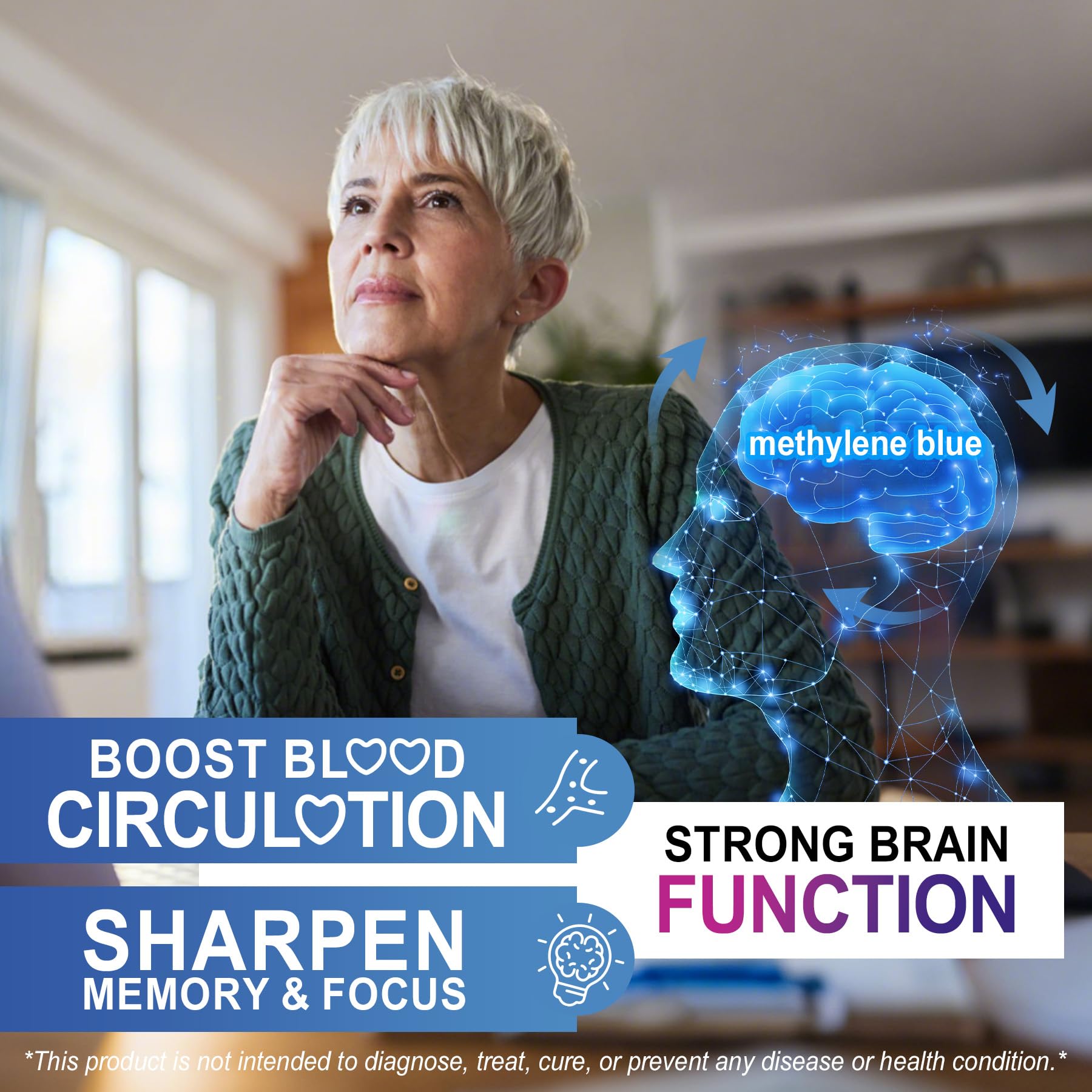 LILICARE Methylene Blue Gummies ingredients panel shows NAC and Vitamin B3 blend for brain circulation.