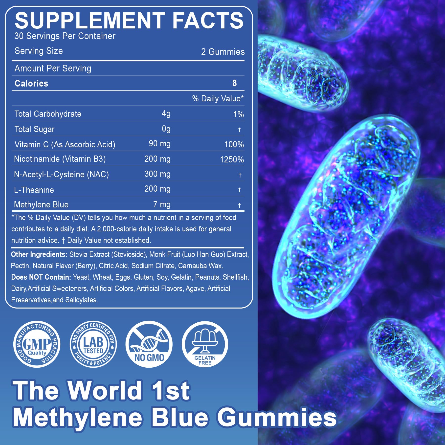 LILICARE Methylene Blue Gummies label highlights NAC and L-Theanine benefits for brain function.