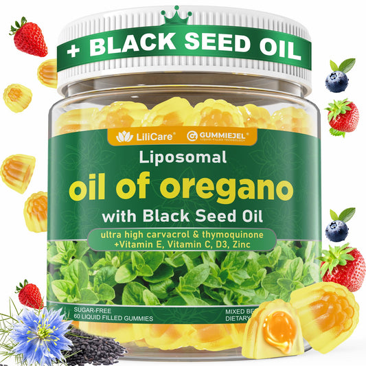 LILICARE oil of oregano with black seed gummies bottle showcasing liposomal formula for better absorption.