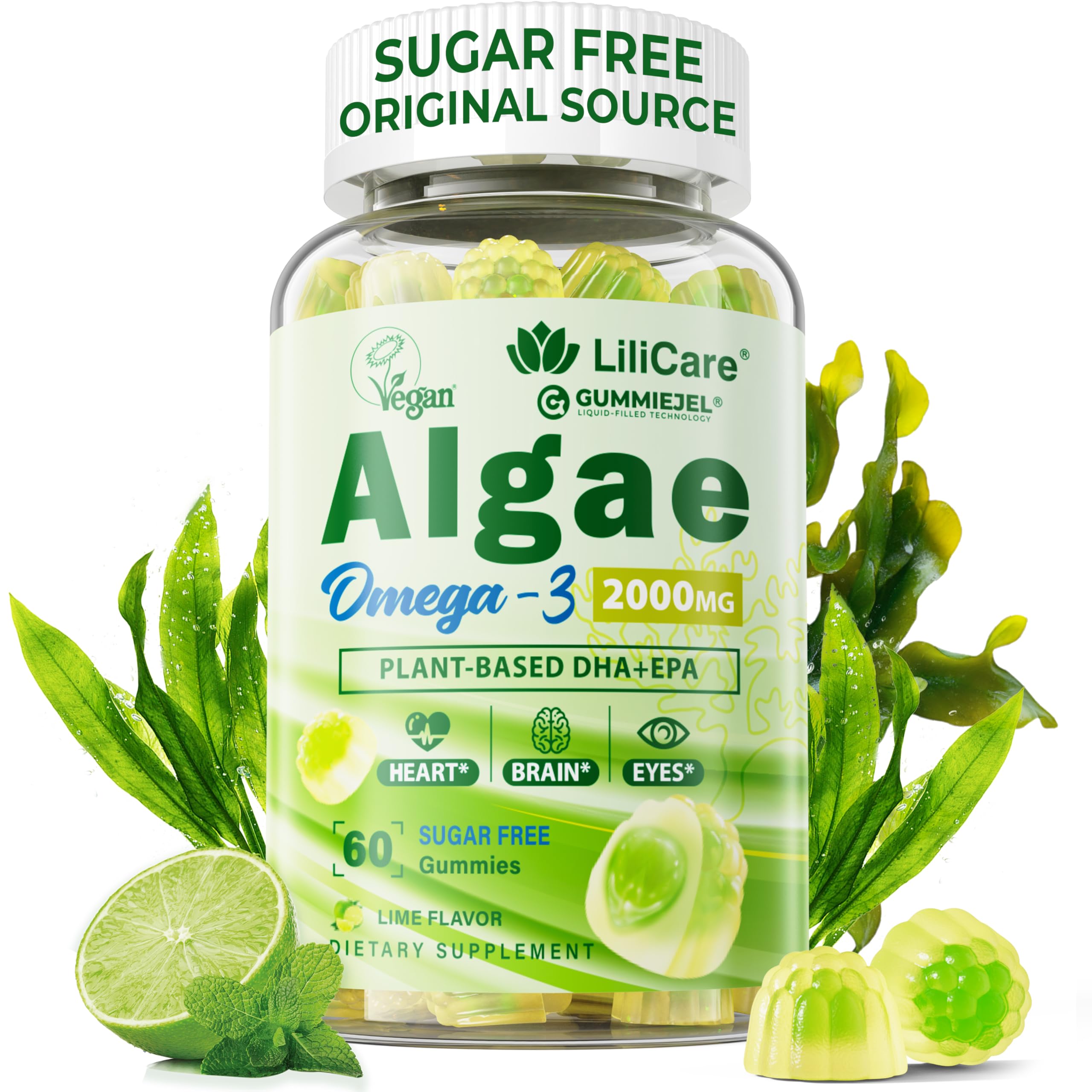 LILICARE Omega-3 gummies in algae oil bottle offer clean flavor and high absorption.