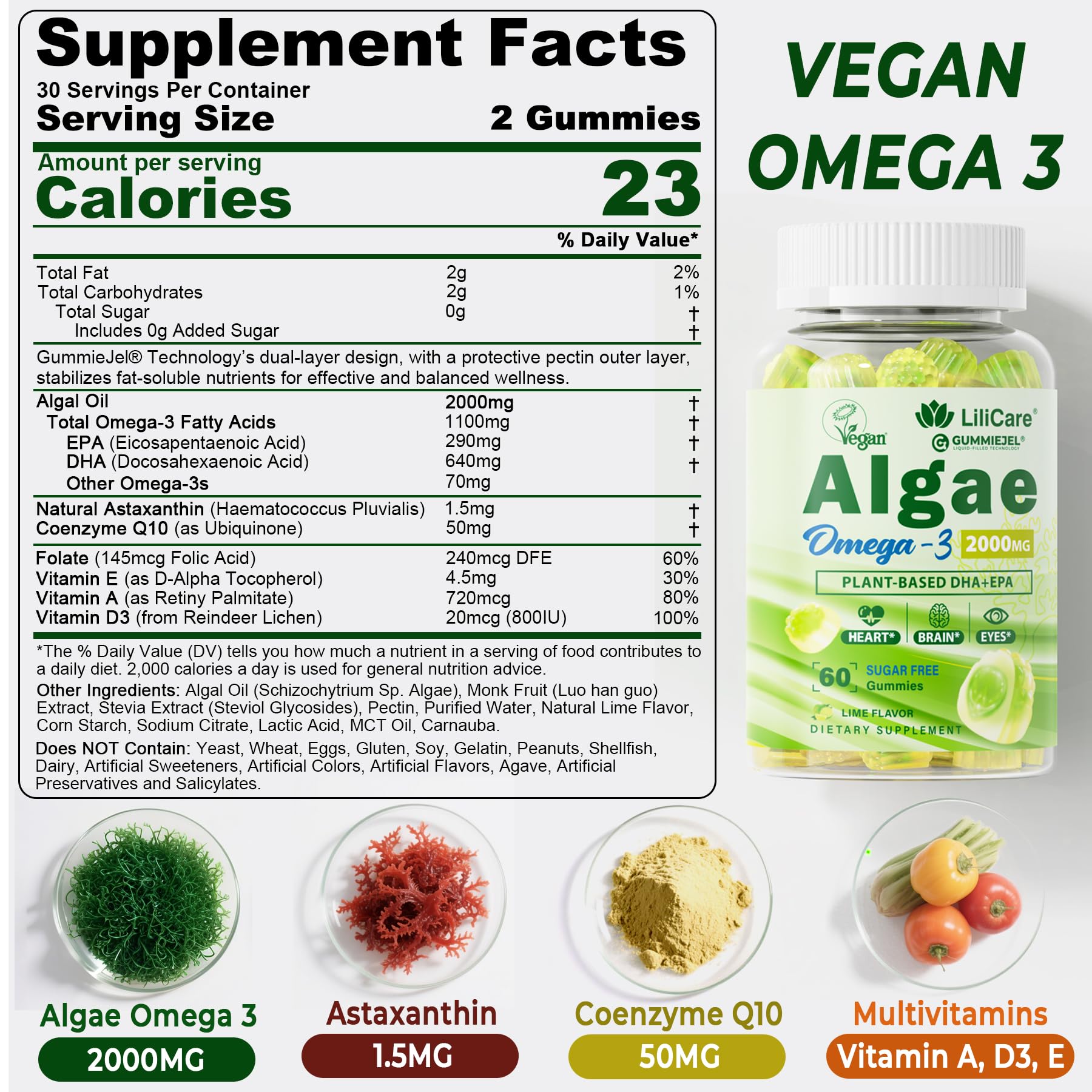 LILICARE Omega-3 gummies with COQ10 and astaxanthin highlight antioxidant support.