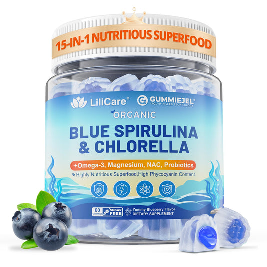 LILICARE Organic Blue Spirulina Chlorella Gummies bottle front for vegan energy support
