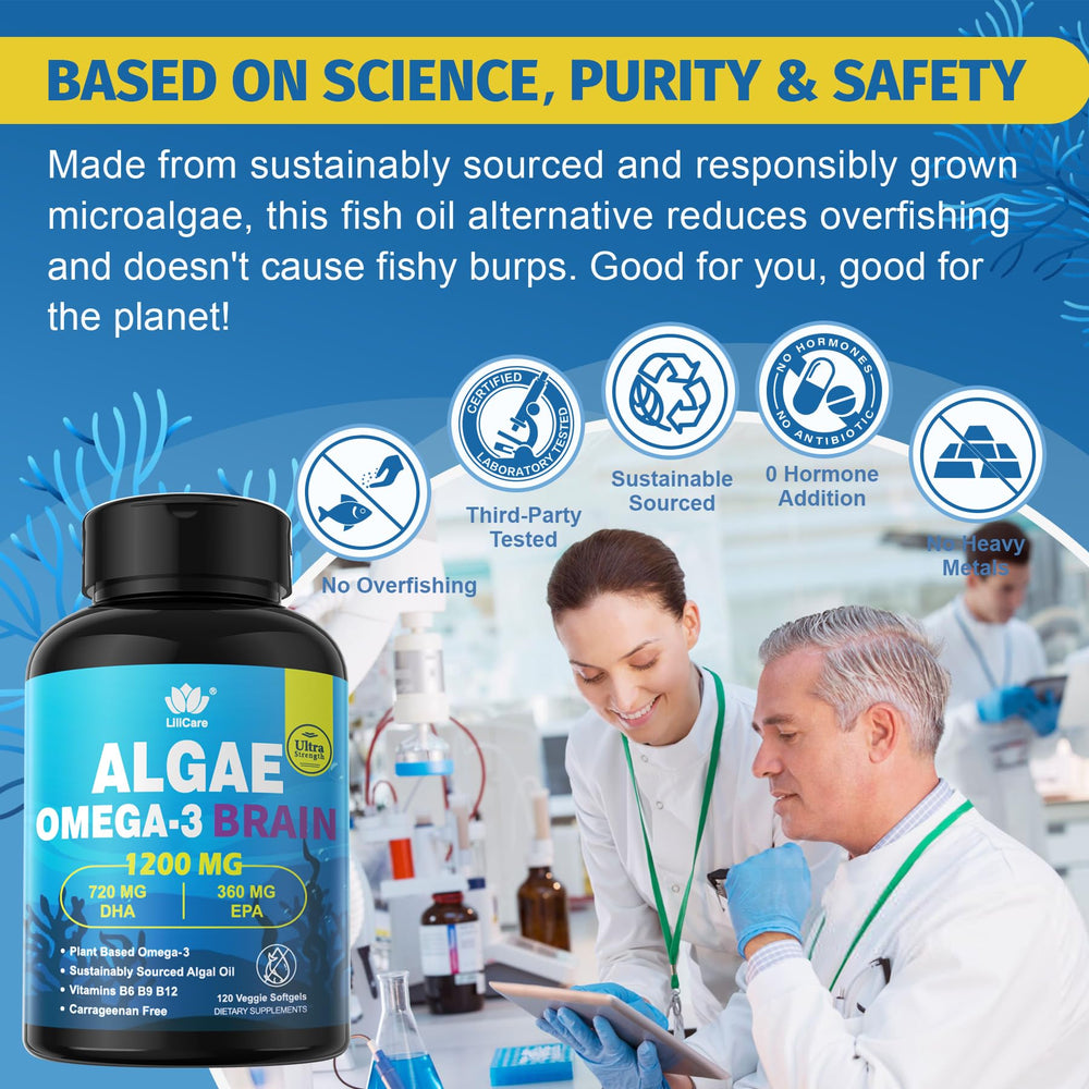 LILICARE plant-based omega-3 lifestyle shot with bottle on kitchen counter.