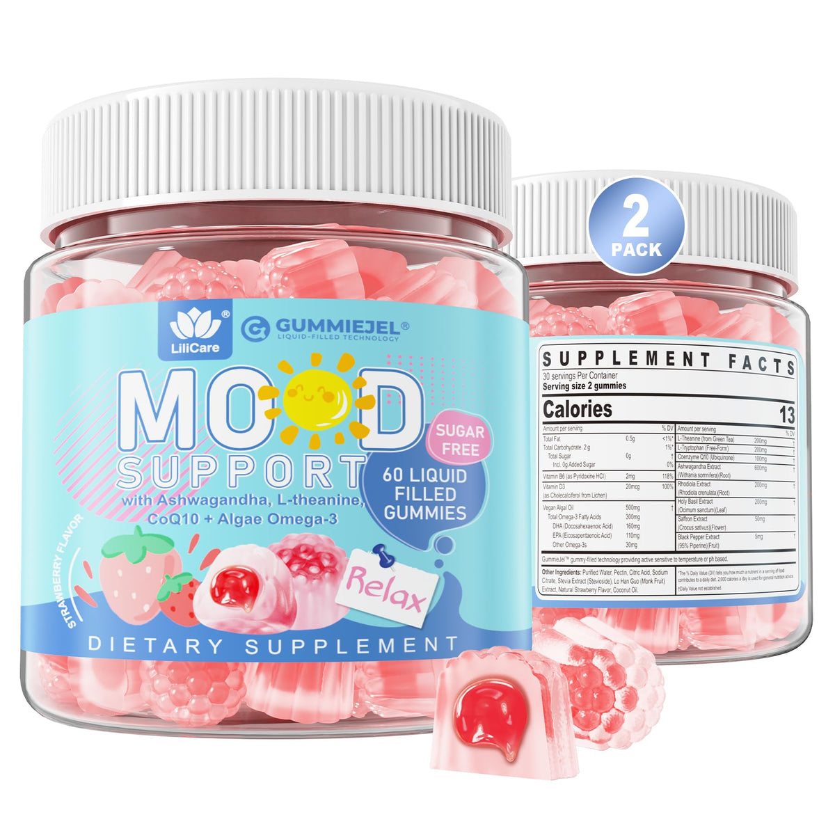 LILICARE sugar-free Ashwagandha mood gummies bottle for calm support.
