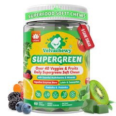 LILICARE Super Greens Soft Chews bottle close-up showing vibrant texture for daily energy.