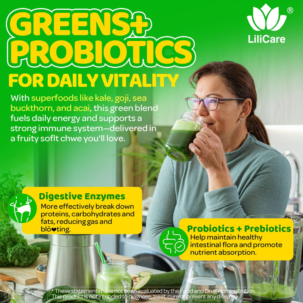 LILICARE chew with green swirls indicating probiotic and digestive enzyme blend.