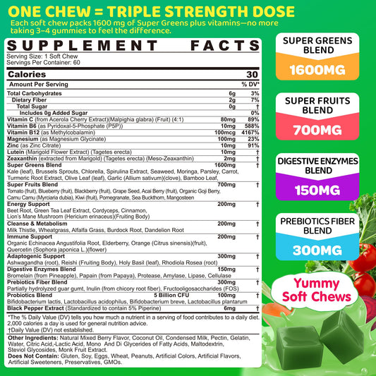 LILICARE Super Greens Soft Chews pack front highlighting convenient greens support.