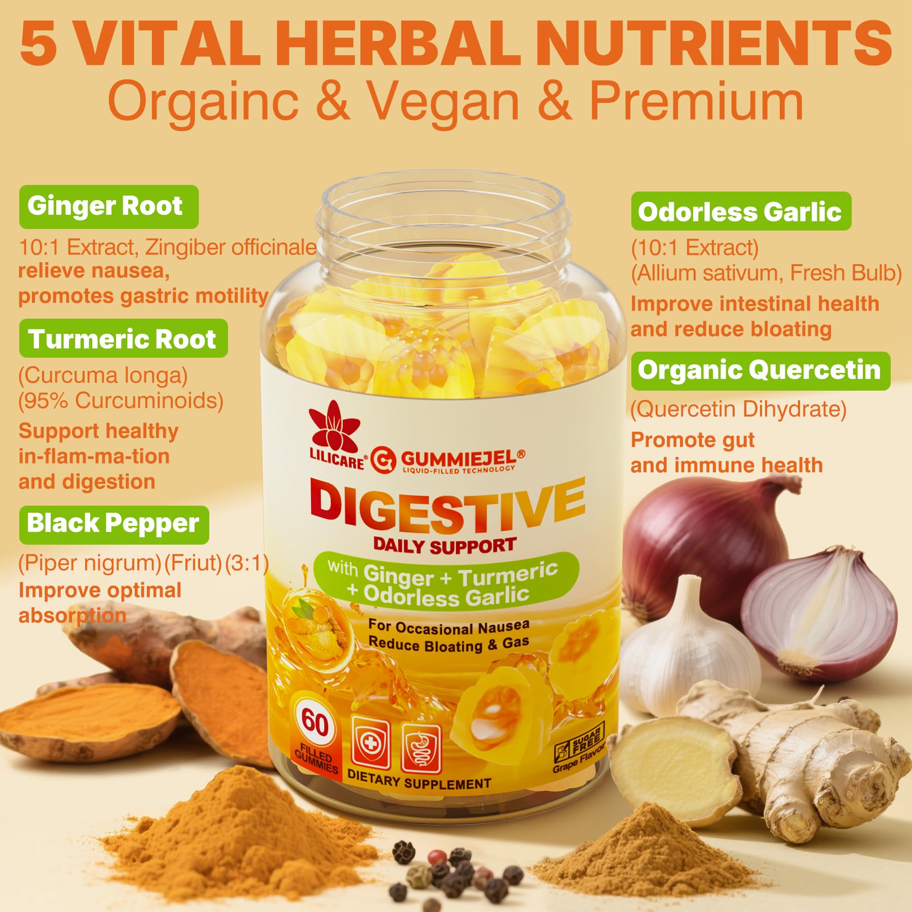 LILICARE turmeric-ginger gummies highlighting antioxidant blend.