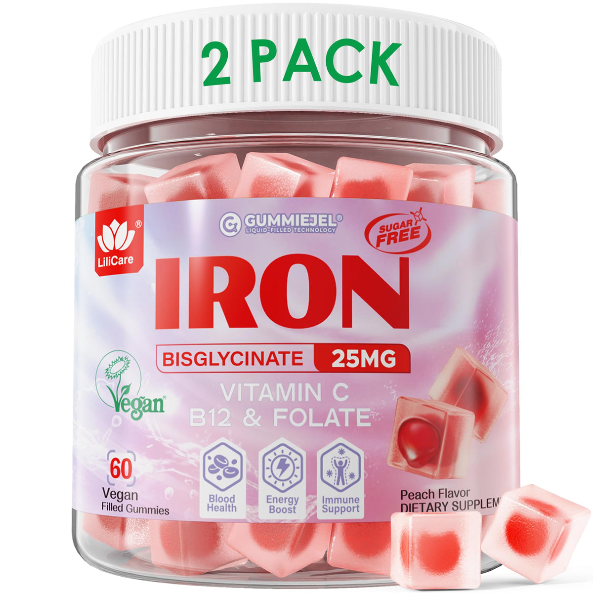LILICARE vegan iron gummies bottle front showing peach flavor and sugar free formula