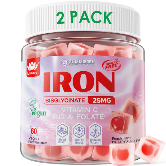 LILICARE vegan iron gummies bottle front showing peach flavor and sugar free formula