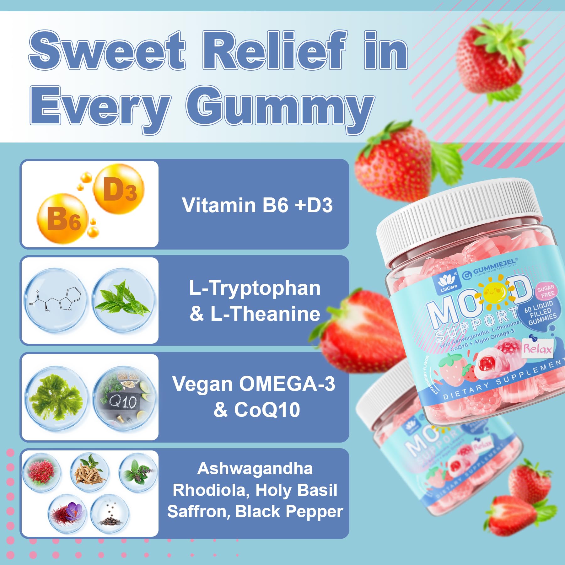 LILICARE vegan omega-3 gummies bottle signals plant-based mood support.
