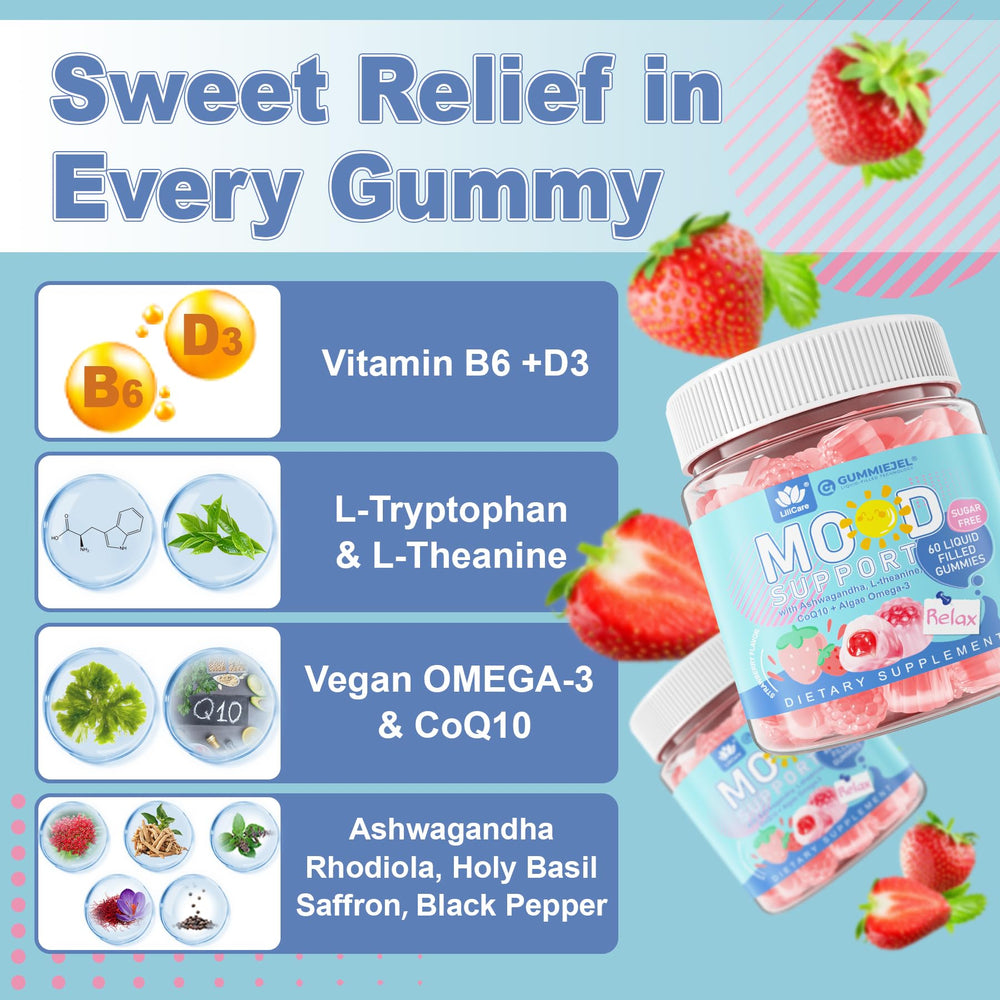 LILICARE vegan omega-3 gummies bottle signals plant-based mood support.
