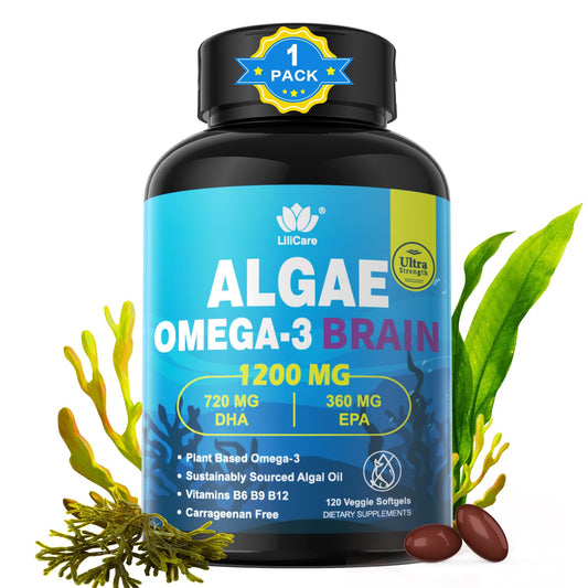 LILICARE vegan omega-3 softgels bottle, algae-based DHA/EPA for heart and brain support.
