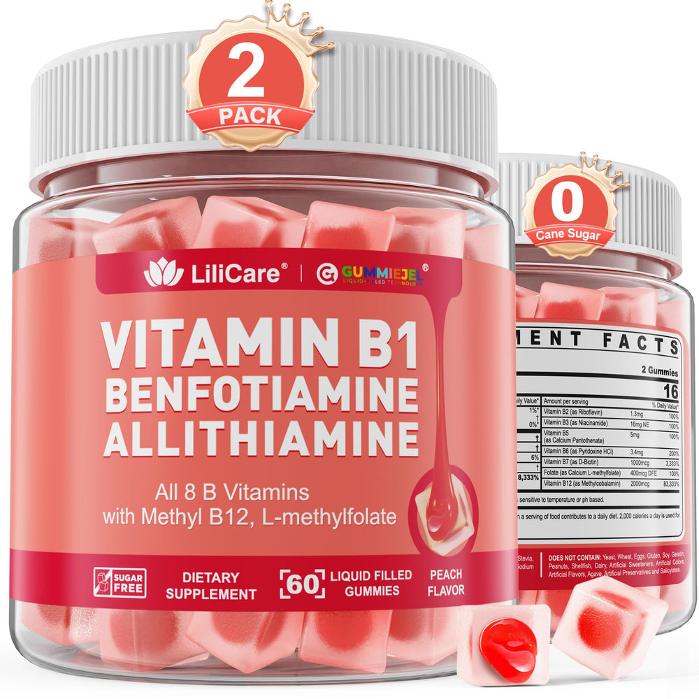 LILICARE Vitamin B1 methylated gummies bottle shows triple-action B complex for energy support.