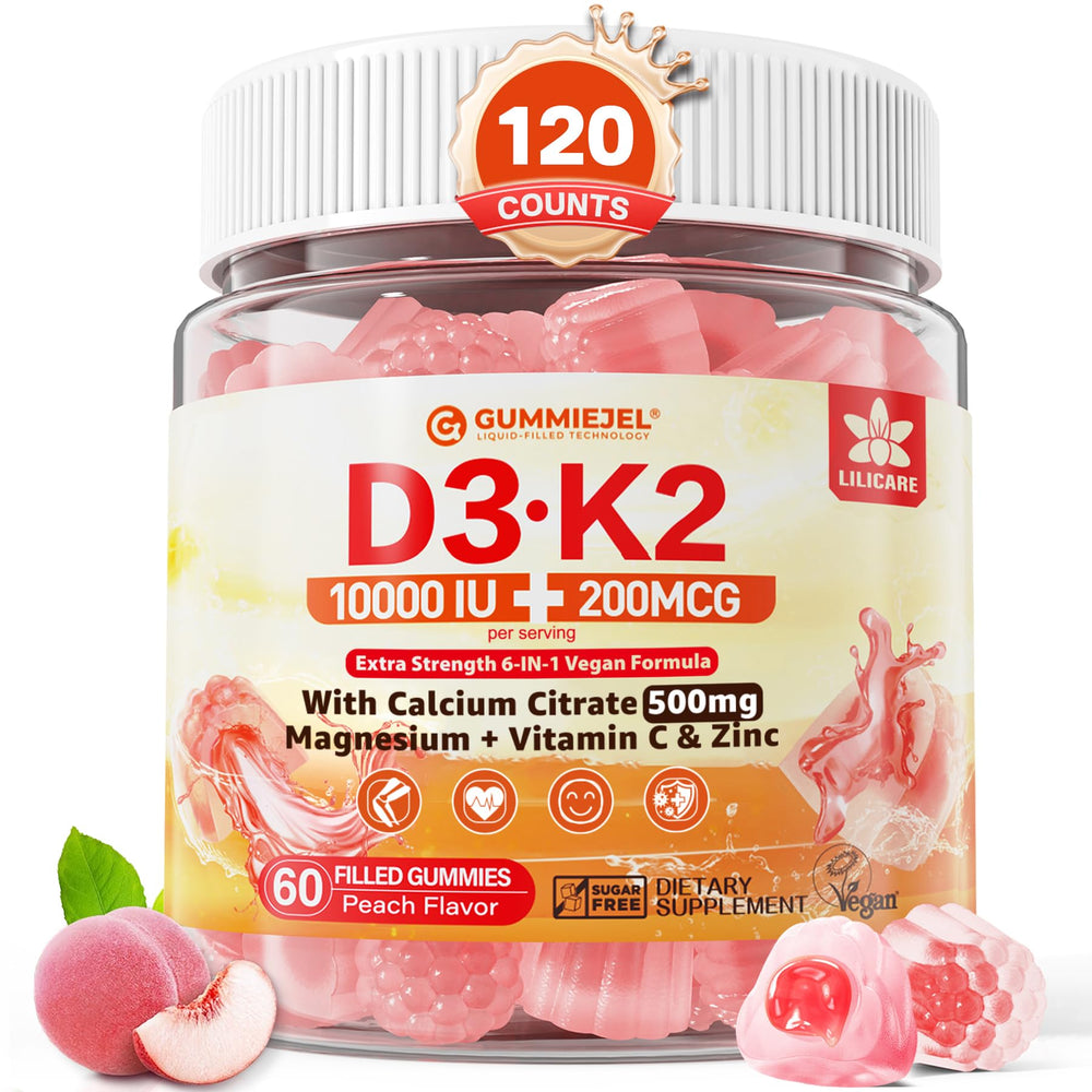 LILICARE Vitamin D3 K2 gummies bottle front shows vegan peach flavor