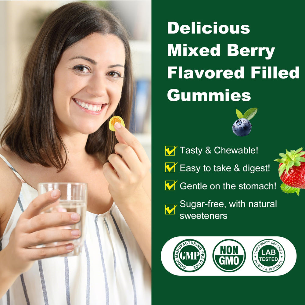 LILICARE vitamin-enriched gummies showing C, E, D3 and zinc for antioxidant synergy.