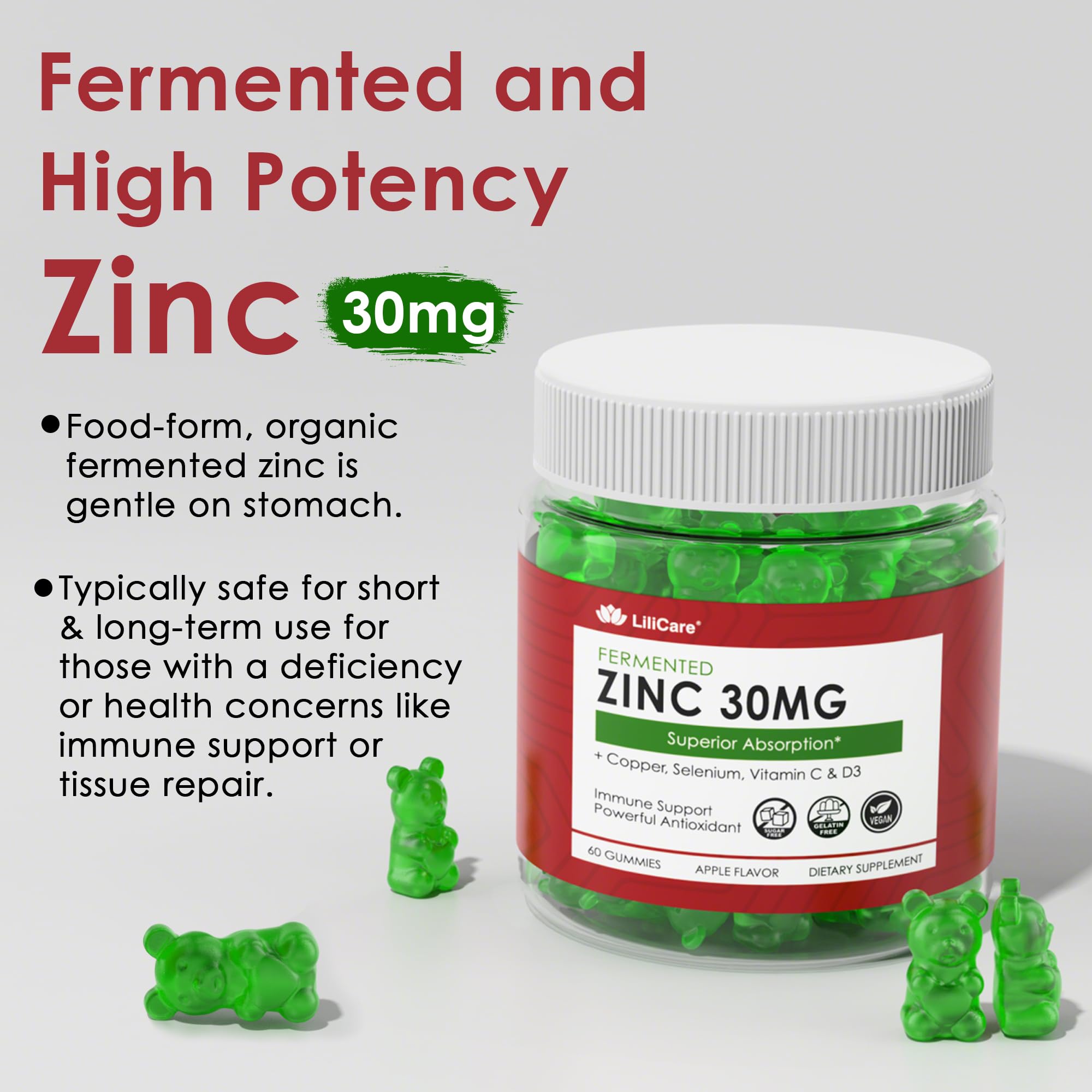 LILICARE Zinc Gummies apple flavor shown for tasty, sugar-free health