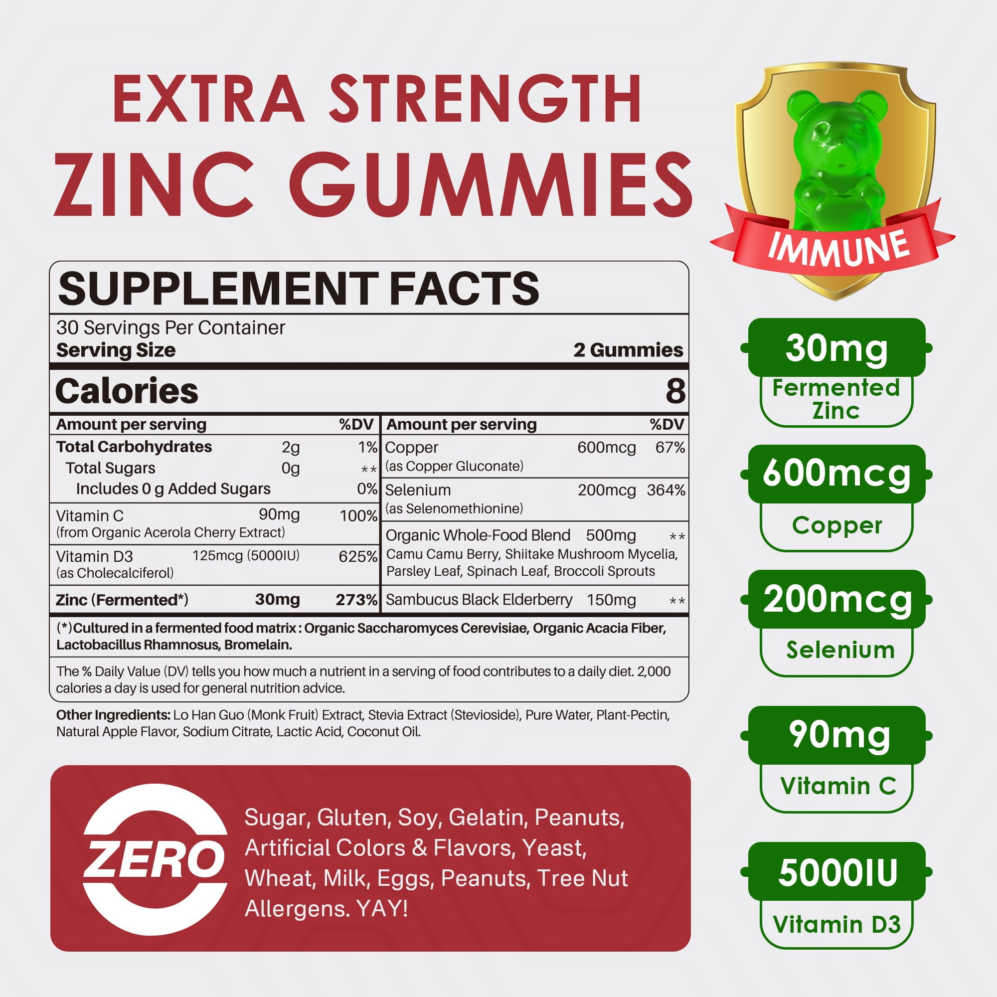 LILICARE Zinc Gummies ingredient panel highlighting fermentation and absorption