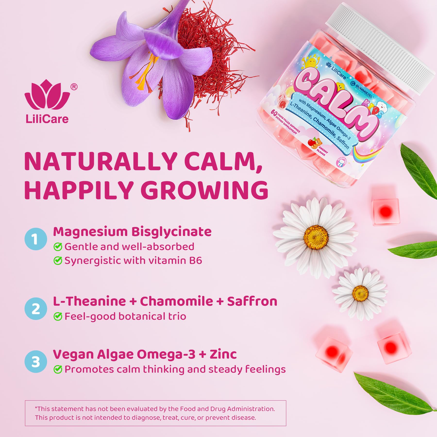 LILICARE Kids Calm ingredients panel shows magnesium bisglycinate and algae omega-3