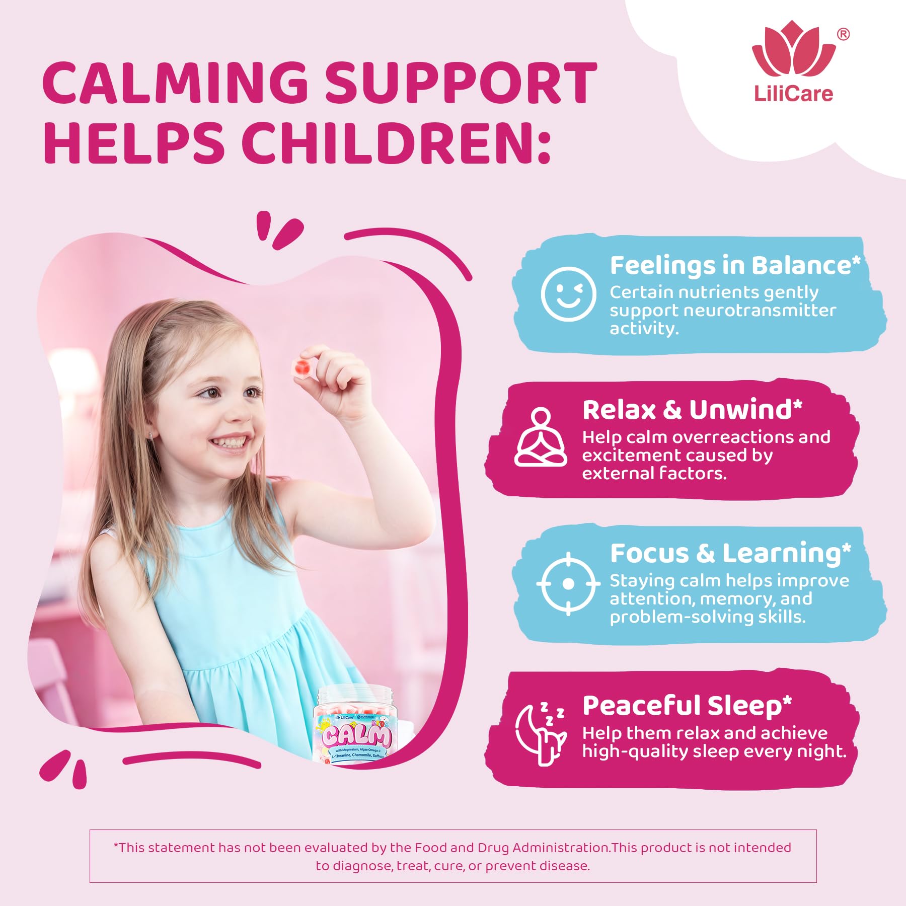 LILICARE Kids Calm gummy close-up reveals chewy texture for kids