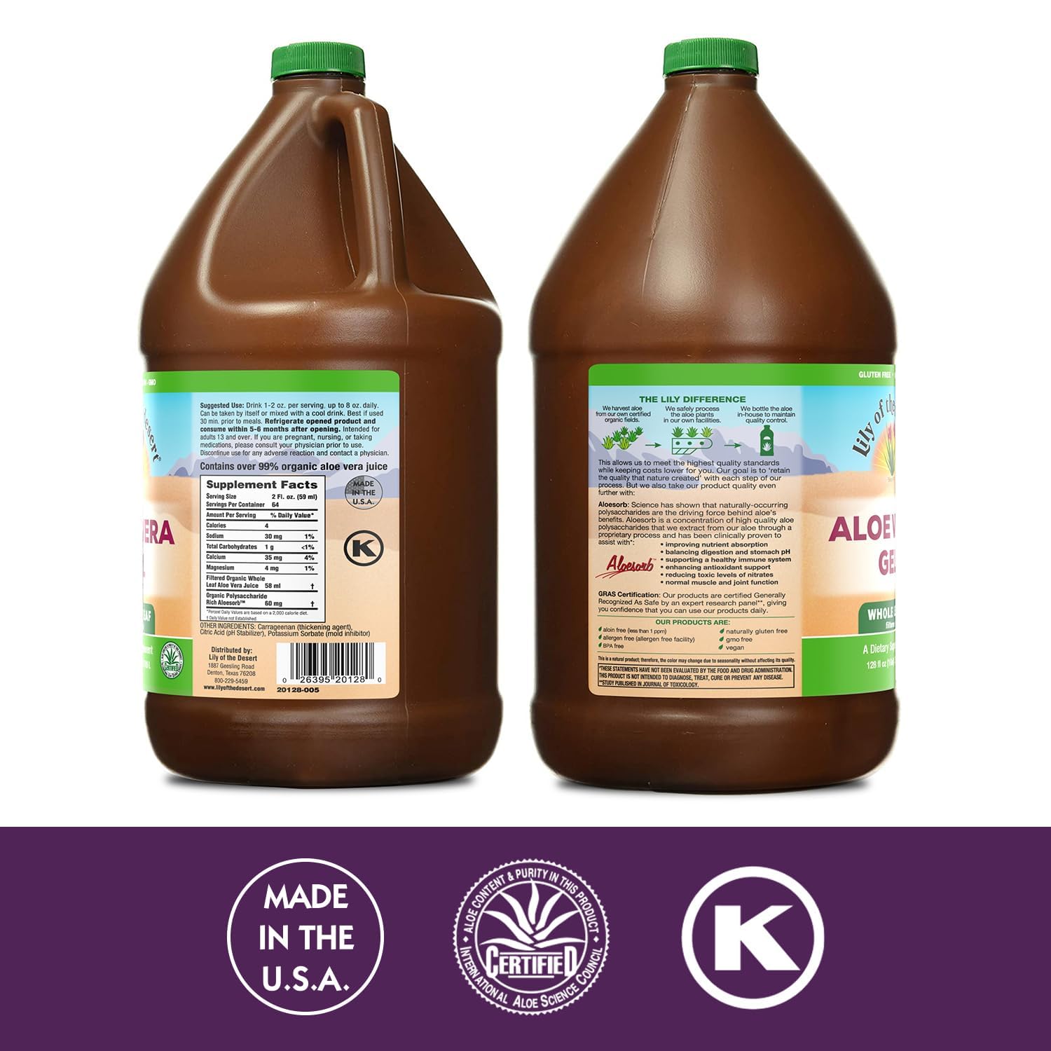 Lily Of The Desert Aloe Juice label shows bio-active ingredients