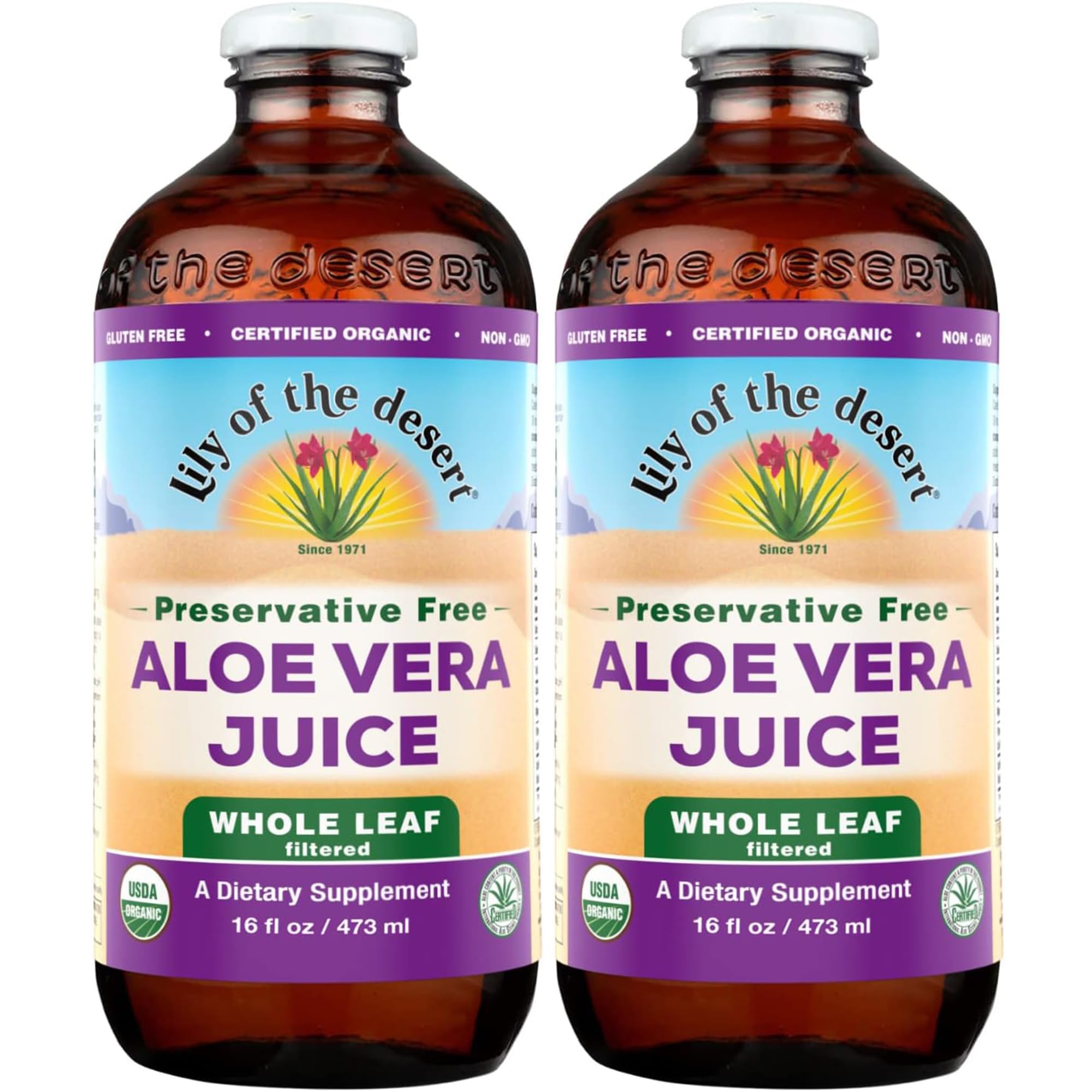 Lily of the Desert aloe juice bottle front shows organic, preservative-free formula for daily wellness.