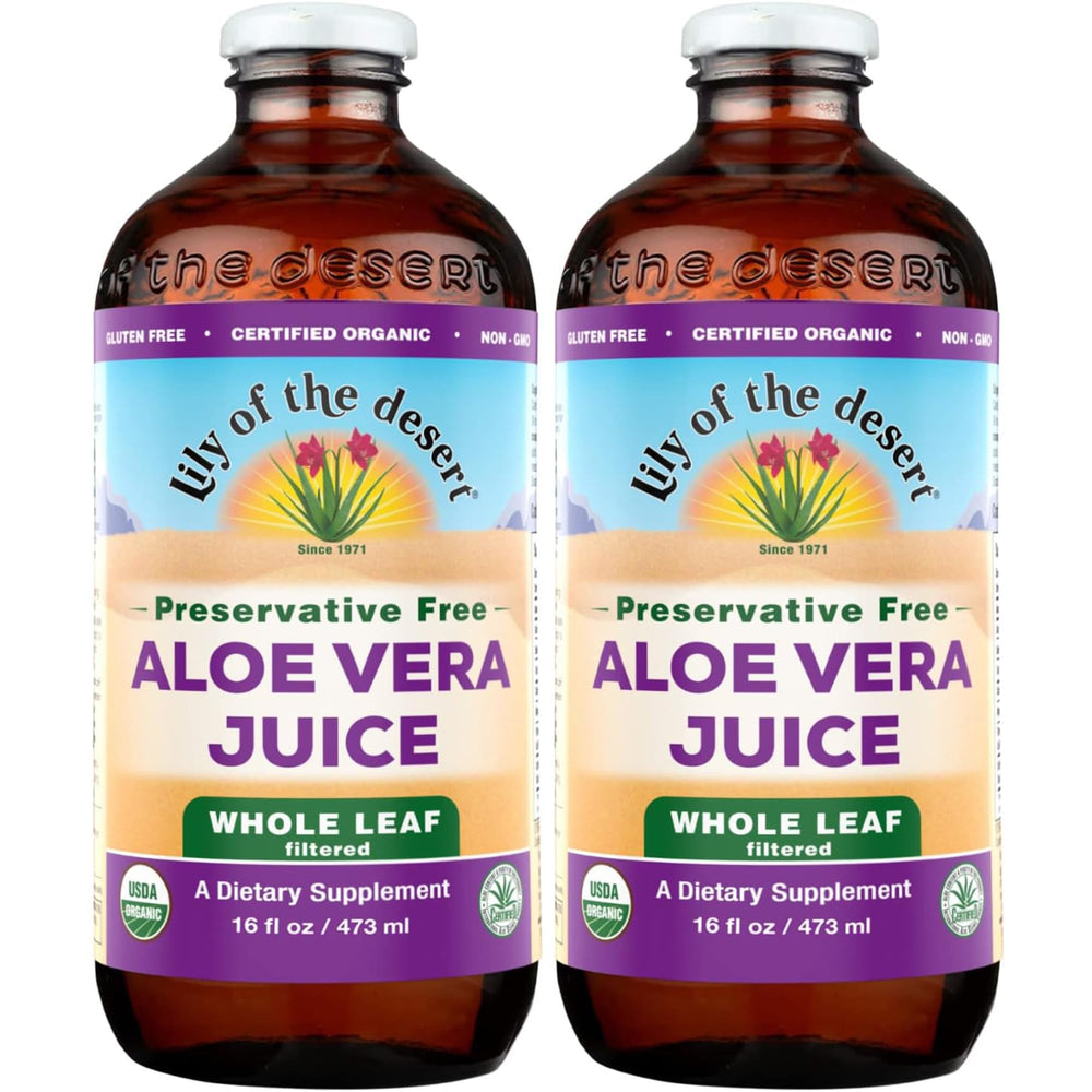 Lily of the Desert aloe juice bottle front shows organic, preservative-free formula for daily wellness.