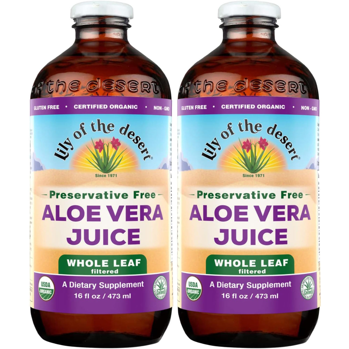 Lily of the Desert aloe juice bottle front shows organic, preservative-free formula for daily wellness.