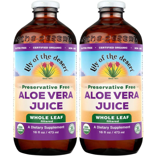 Lily of the Desert aloe juice bottle front shows organic, preservative-free formula for daily wellness.