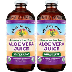 Lily of the Desert aloe juice bottle front shows organic, preservative-free formula for daily wellness.