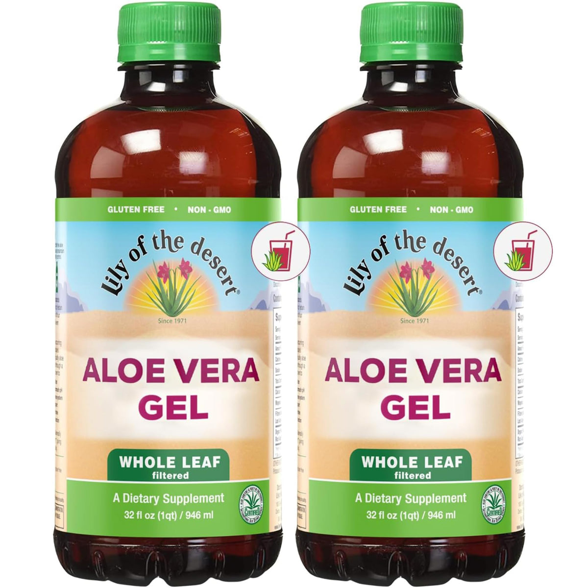 Lily of the Desert Aloe Vera Juice bottle front showing whole-leaf formulation for daily wellness