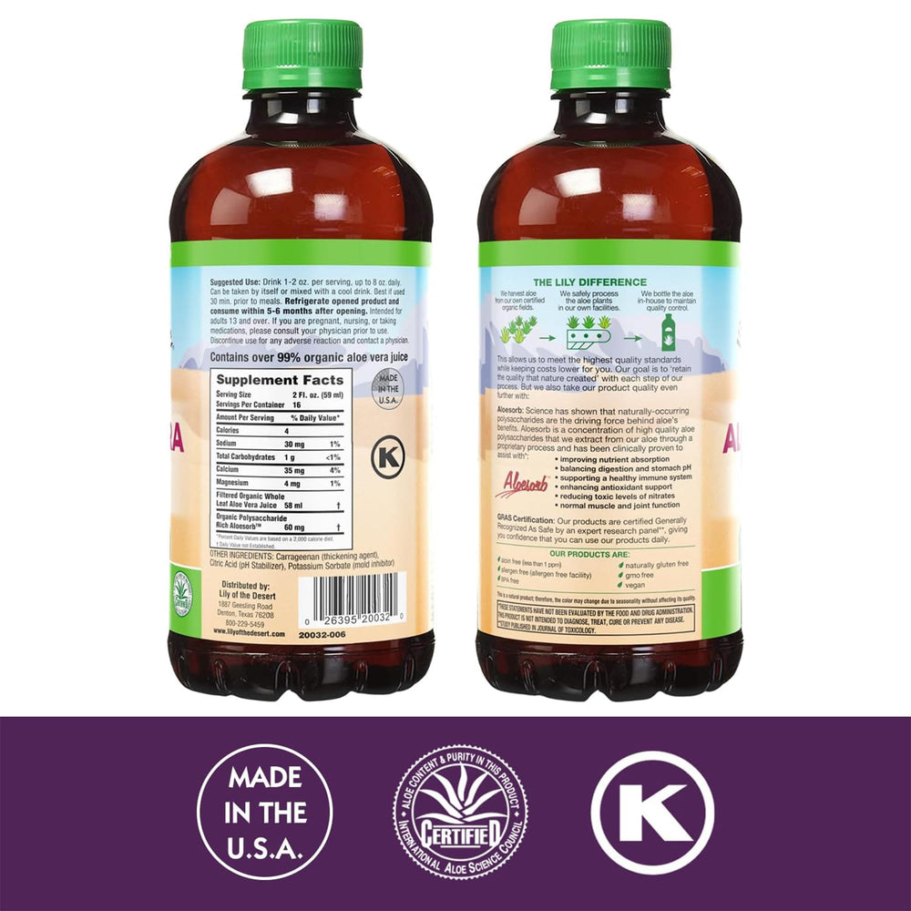 Lily of the Desert Aloe Vera Juice bottle pour demonstrating easy daily intake